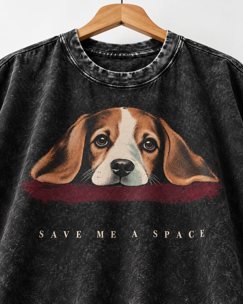 Save Me A Space Beagle Washed Tee in Black, close-up of the graphic