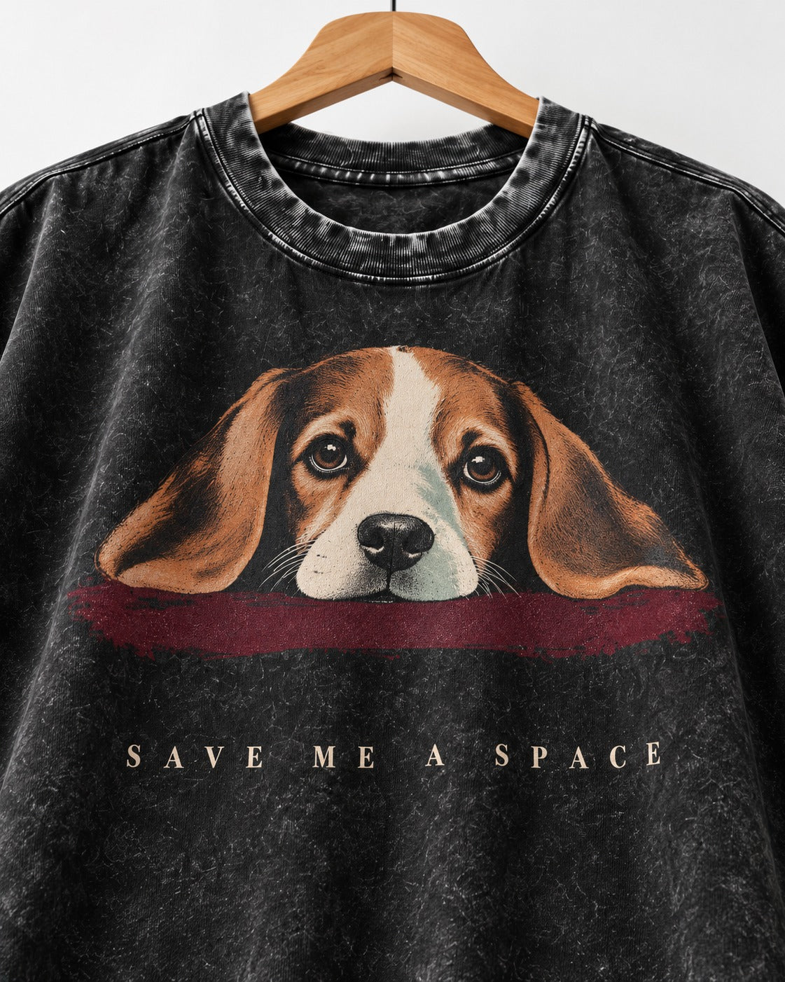 Save Me A Space Beagle Washed Tee in Black, close-up of the graphic