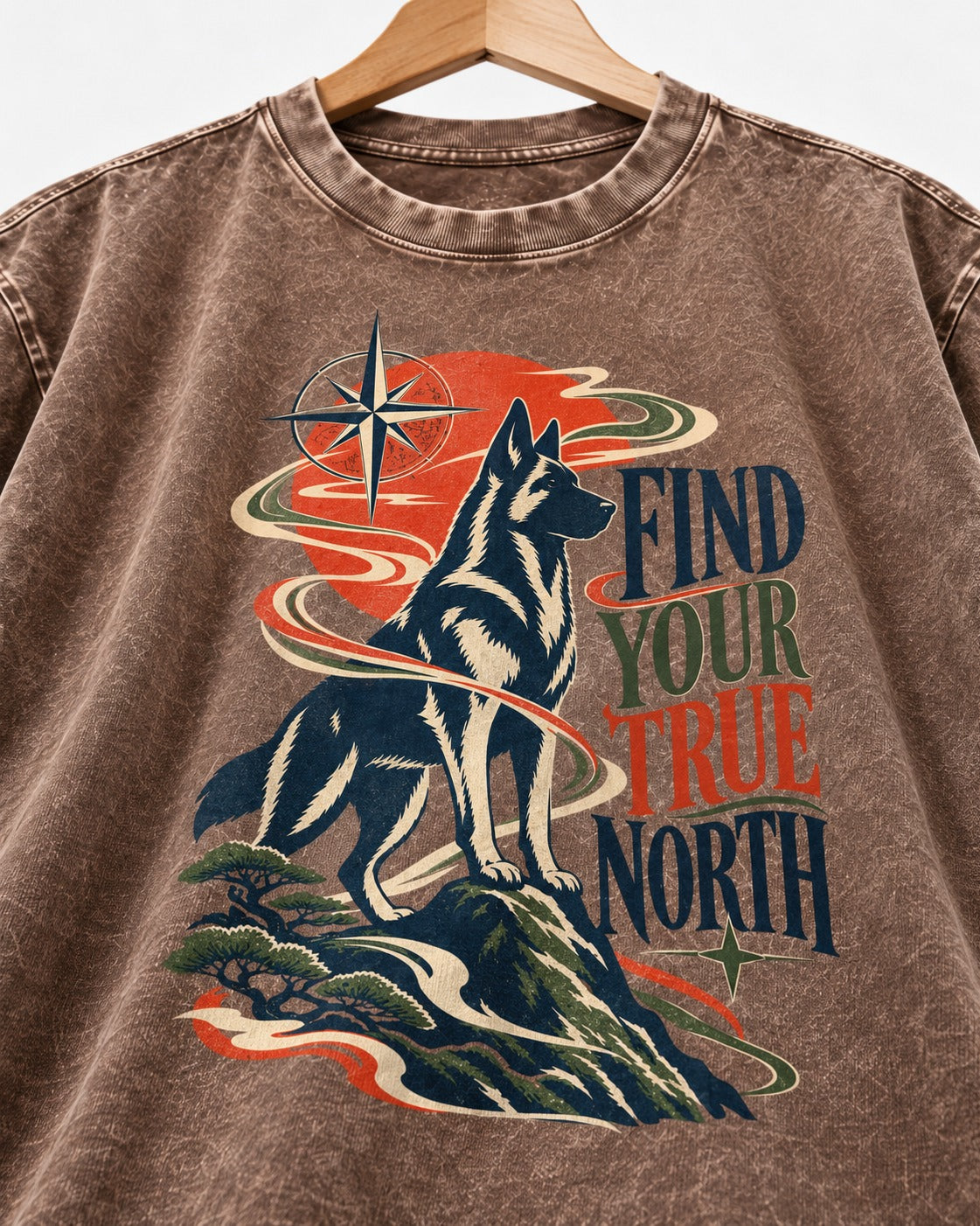 Find Your True North German Shepherd Dog Washed Tee in Coffee, close-up of the graphic