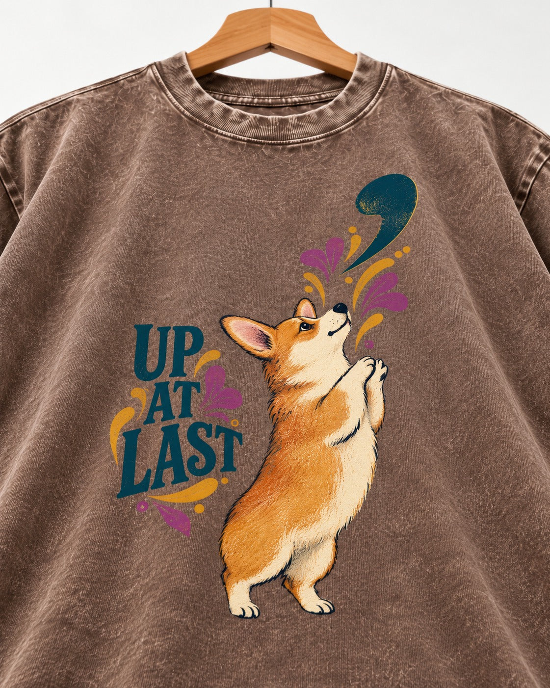 Corgi Up at Last Washed Tee in Coffee, close-up of the graphic
