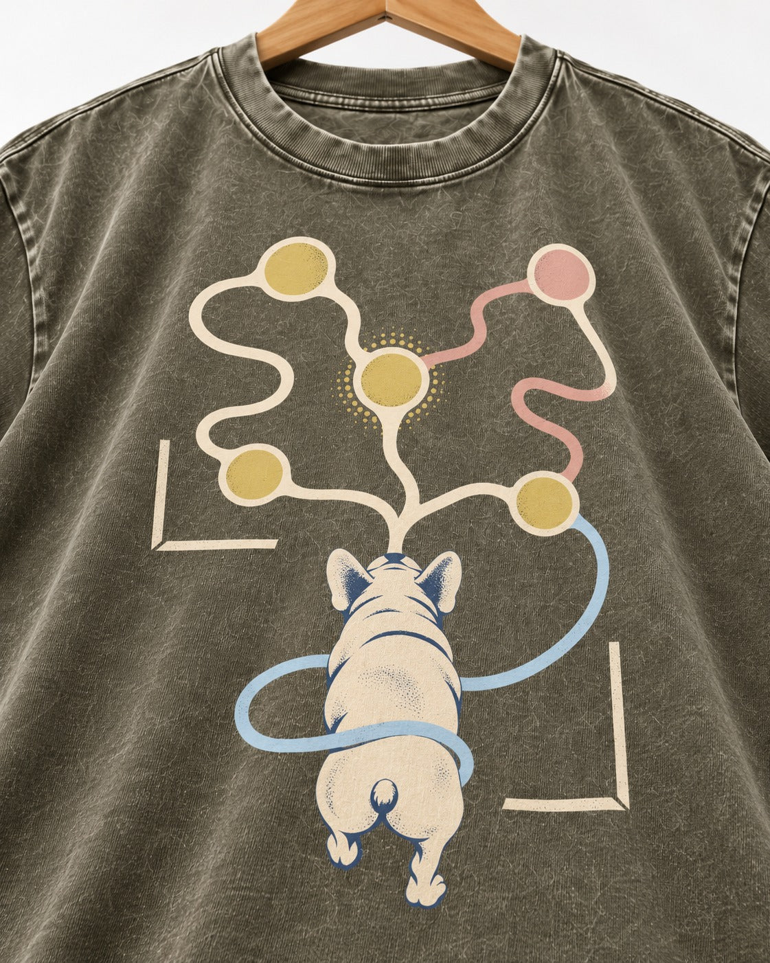 Frenchie Scent Circuit Rear View Graphic Washed Tee in Army Green, close-up of the graphic