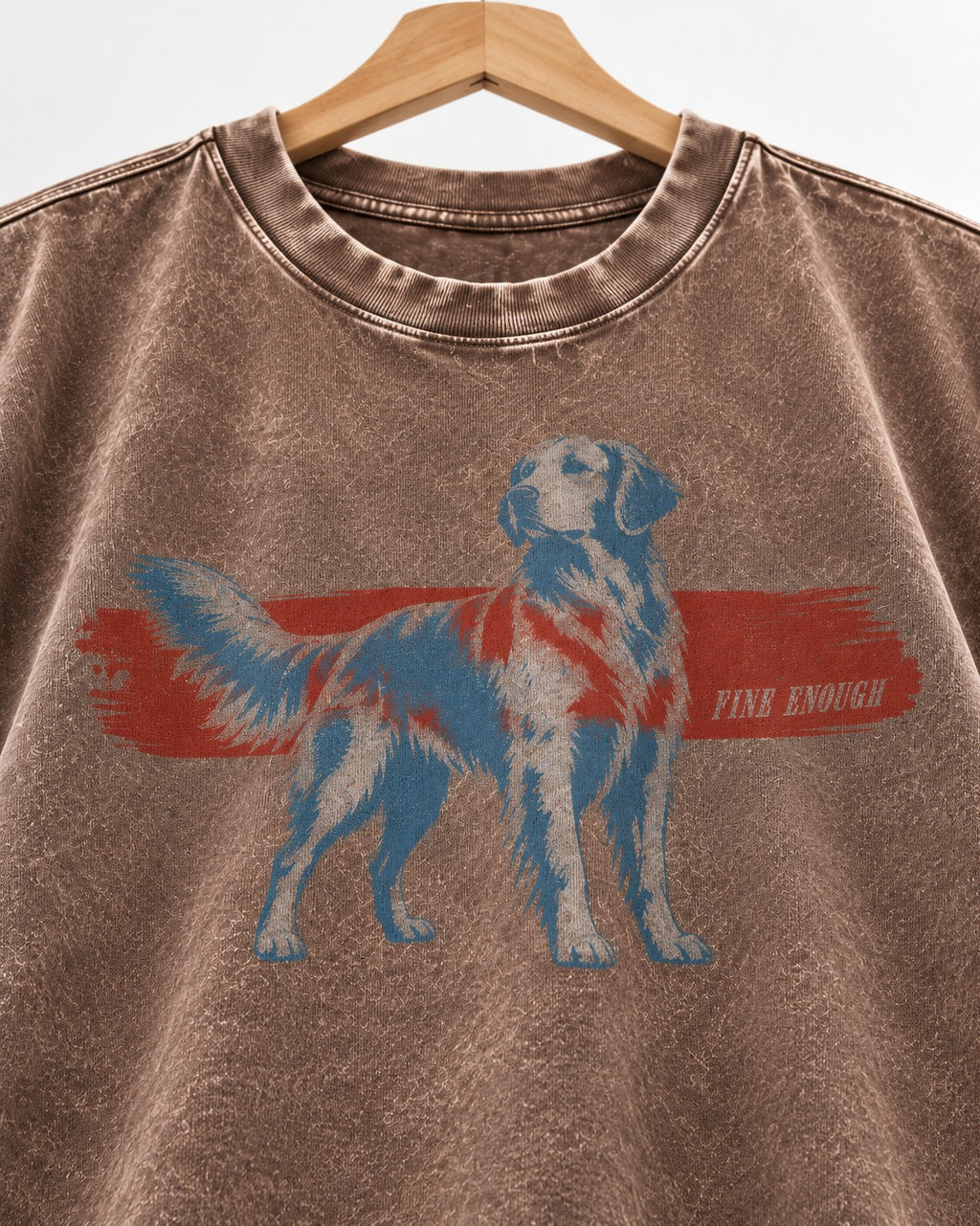 Fine Enough Golden Retriever Washed Tee in Coffee, close-up of the graphic