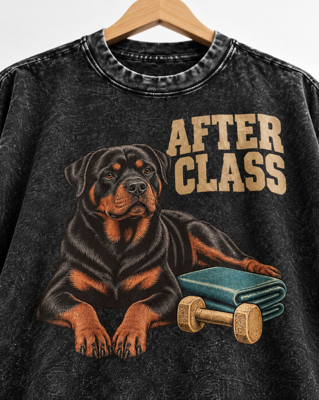Rottweiler After Class Books and Dumbbell Graphic Washed Tee in Black, close-up of the graphic