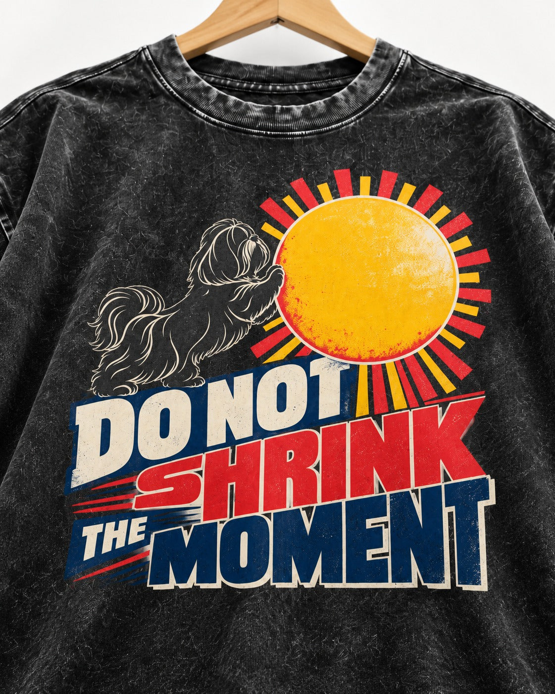 Shih Tzu Do Not Shrink the Moment Sun Graphic Washed Tee in Black, close-up of the graphic