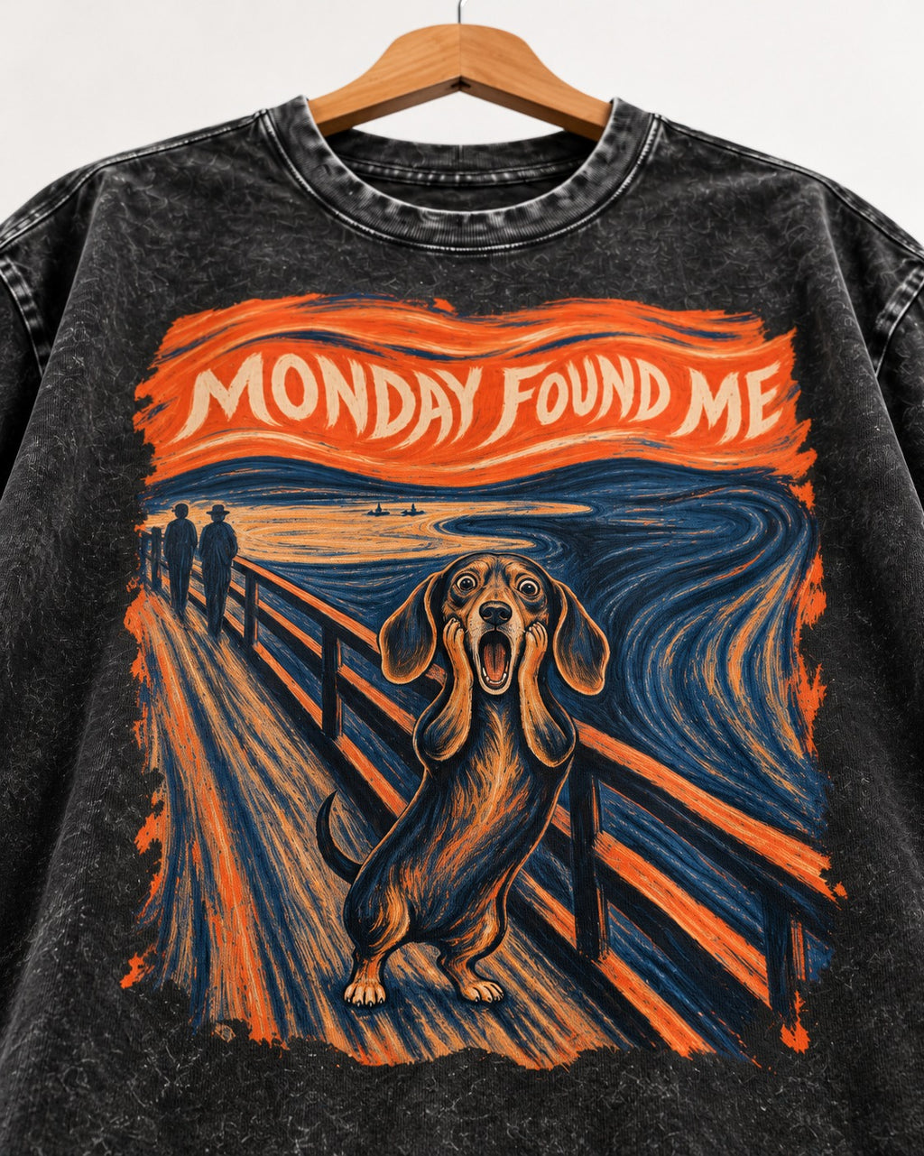 Dachshund Monday Found Me Scream Poster Washed Tee in Black, close-up of the graphic