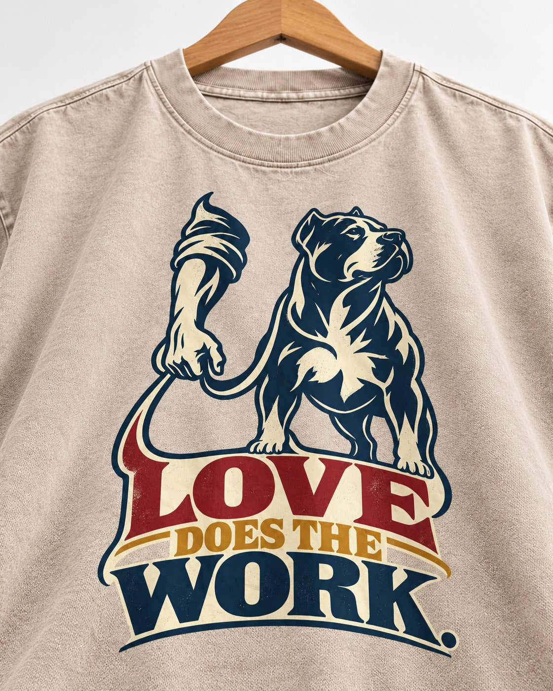 Pitbull Love Does the Work Washed Tee in Apricot, close-up of the graphic