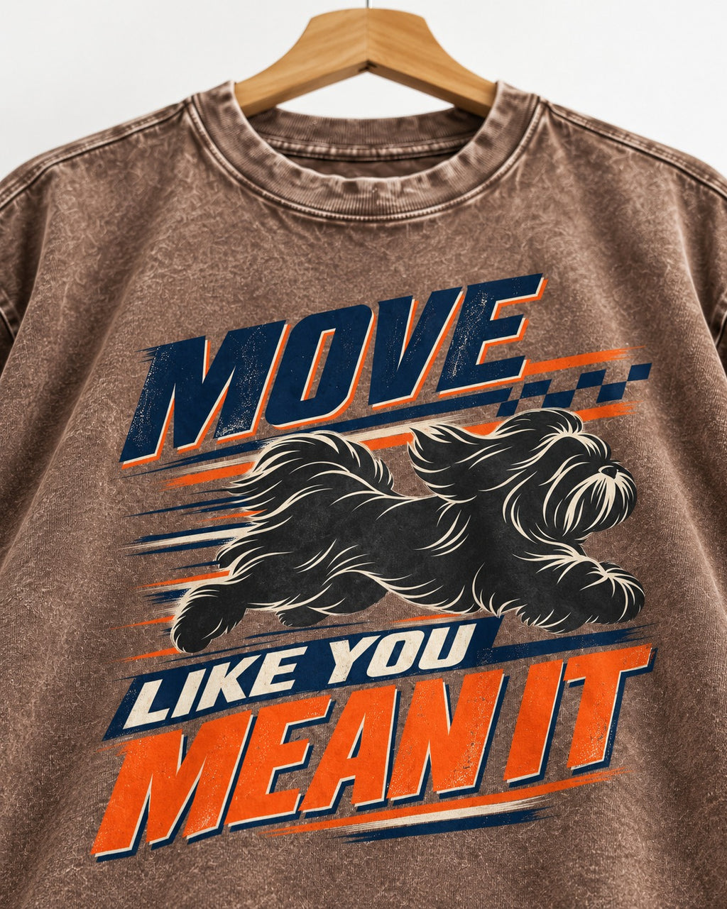 Move and Mean It Shih Tzu Washed Tee in Coffee, close-up of the graphic