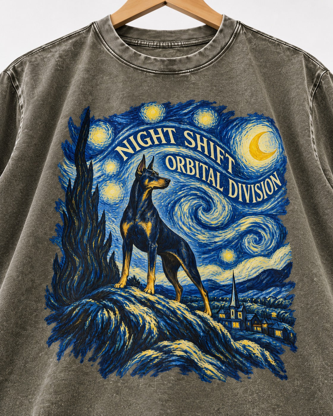 Doberman Night Shift Orbital Division Starry Night Graphic Washed Tee in Army Green, close-up of the graphic
