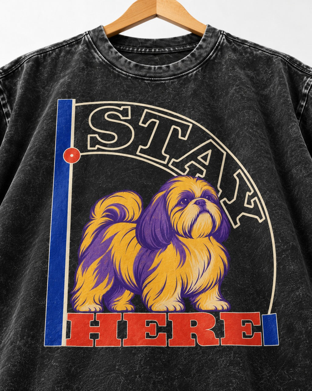Shih Tzu Stay Here Semicircle Sign Graphic Washed Tee in Black, close-up of the graphic