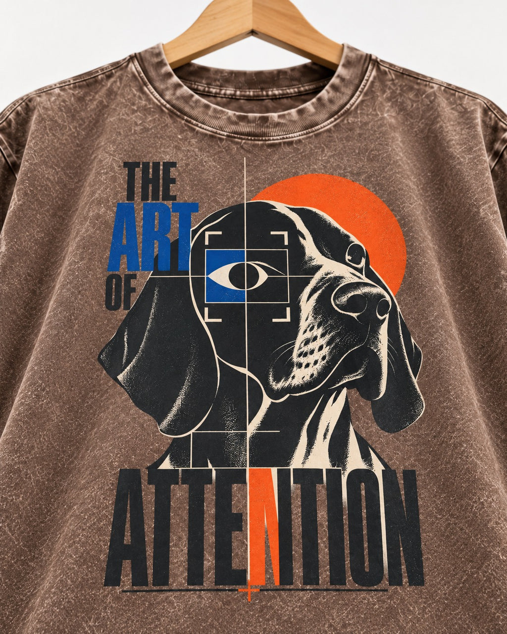 German Shorthaired Pointer Attention Washed Tee in Coffee, close-up of the graphic