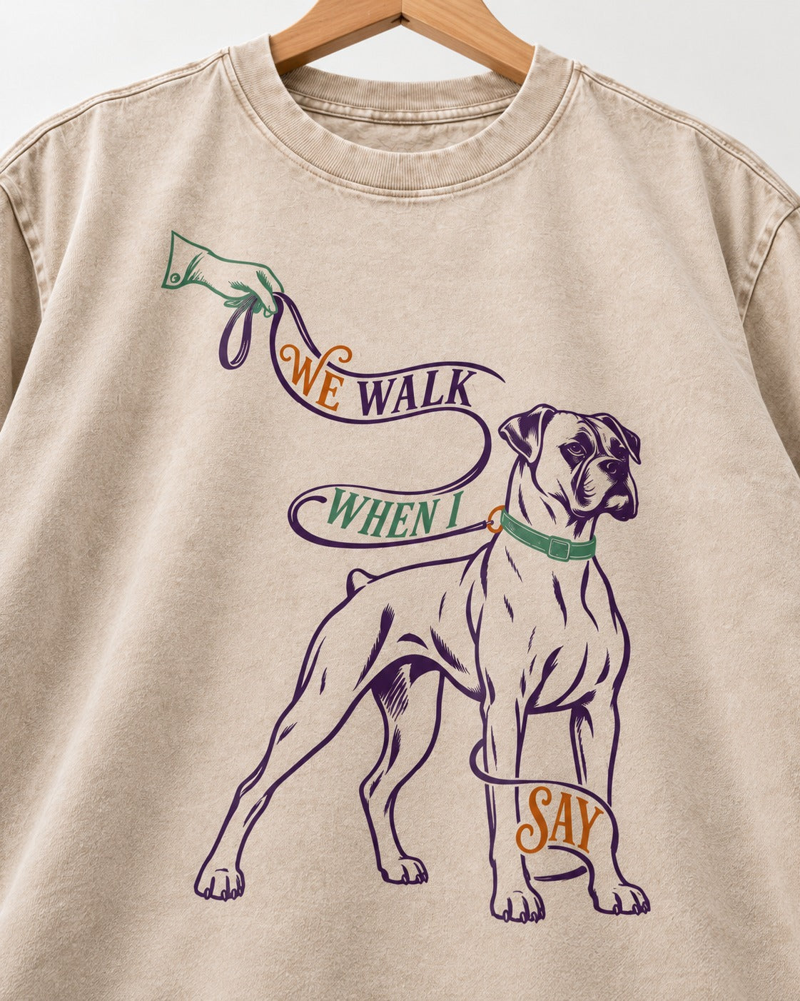Boxer When I Say Washed Tee in Apricot, close-up of the graphic