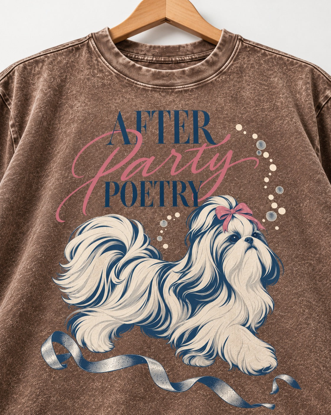 After Party Poetry Shih Tzu Washed Tee in Coffee, close-up of the graphic