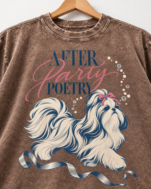 After Party Poetry Shih Tzu Washed Tee in Coffee, close-up of the graphic