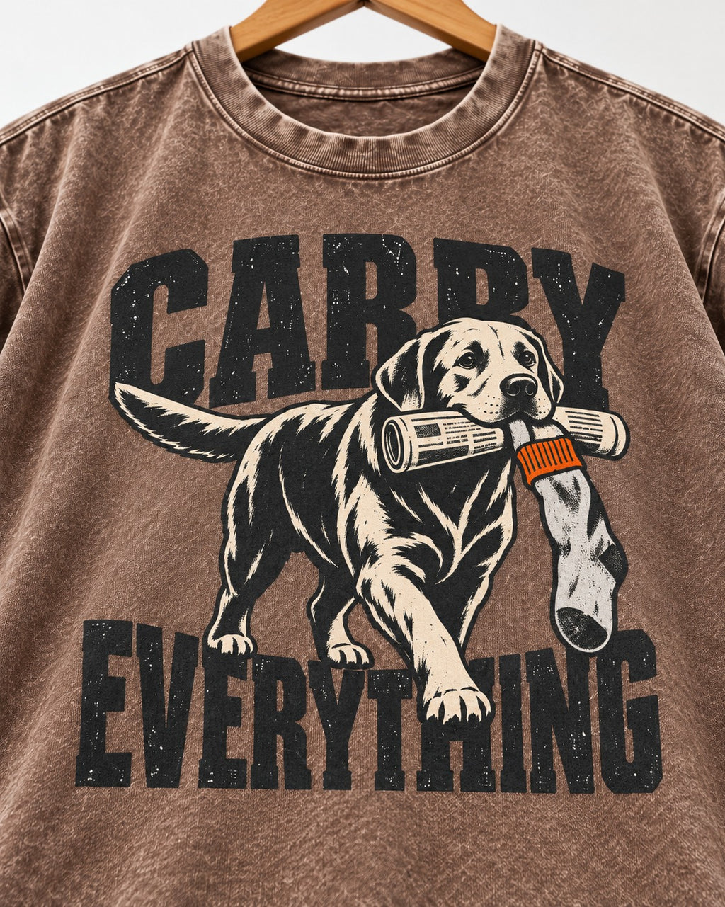 Carry Everything Labrador Retriever Washed Tee in Coffee, close-up of the graphic