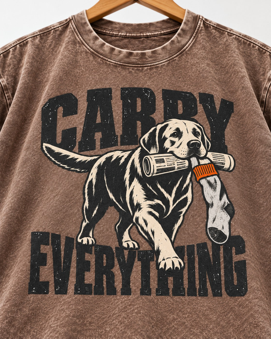 Carry Everything Labrador Retriever Washed Tee in Coffee, close-up of the graphic