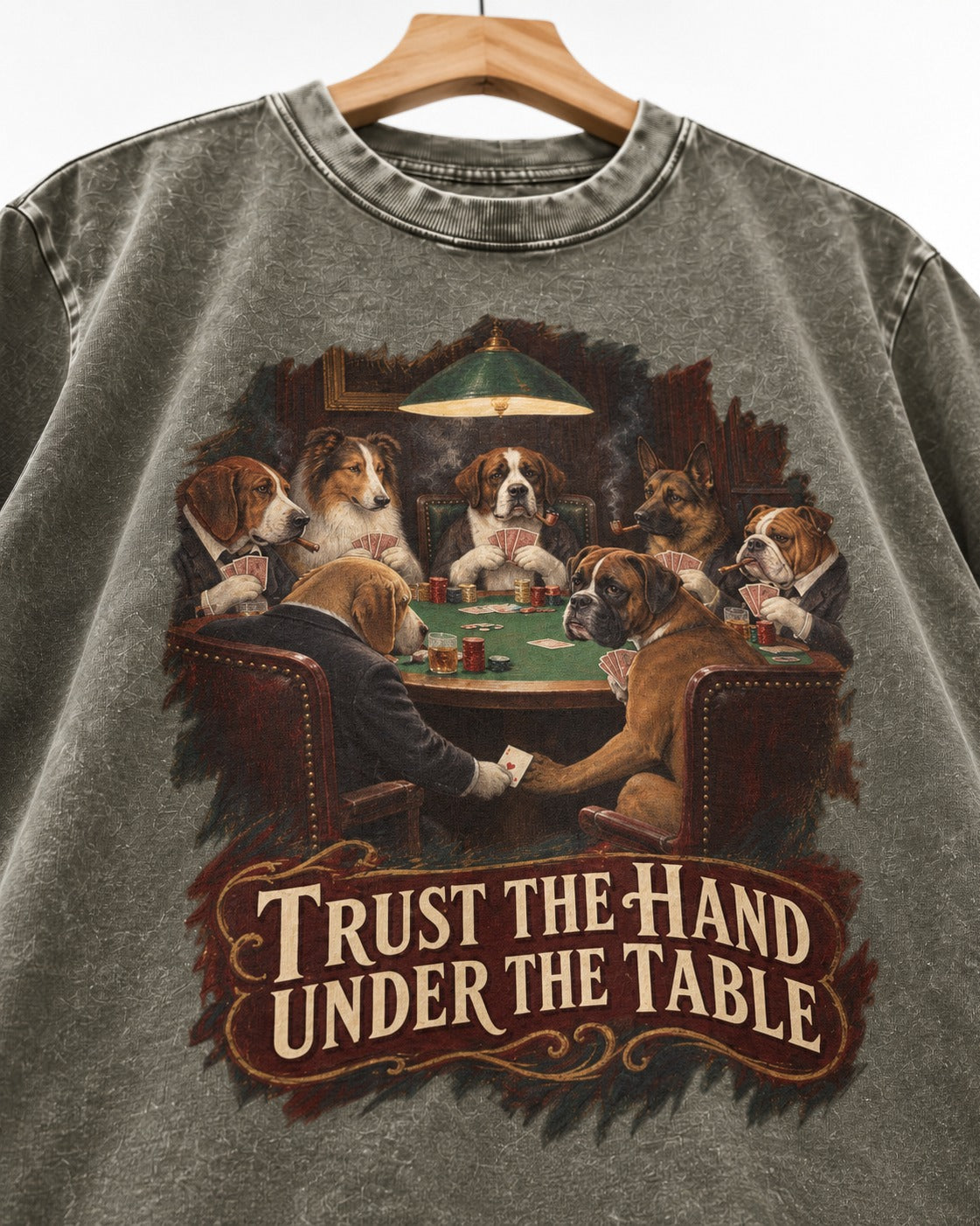 Trust the Hand Under the Table Boxer Poker Graphic Washed Tee in Army Green, close-up of the graphic