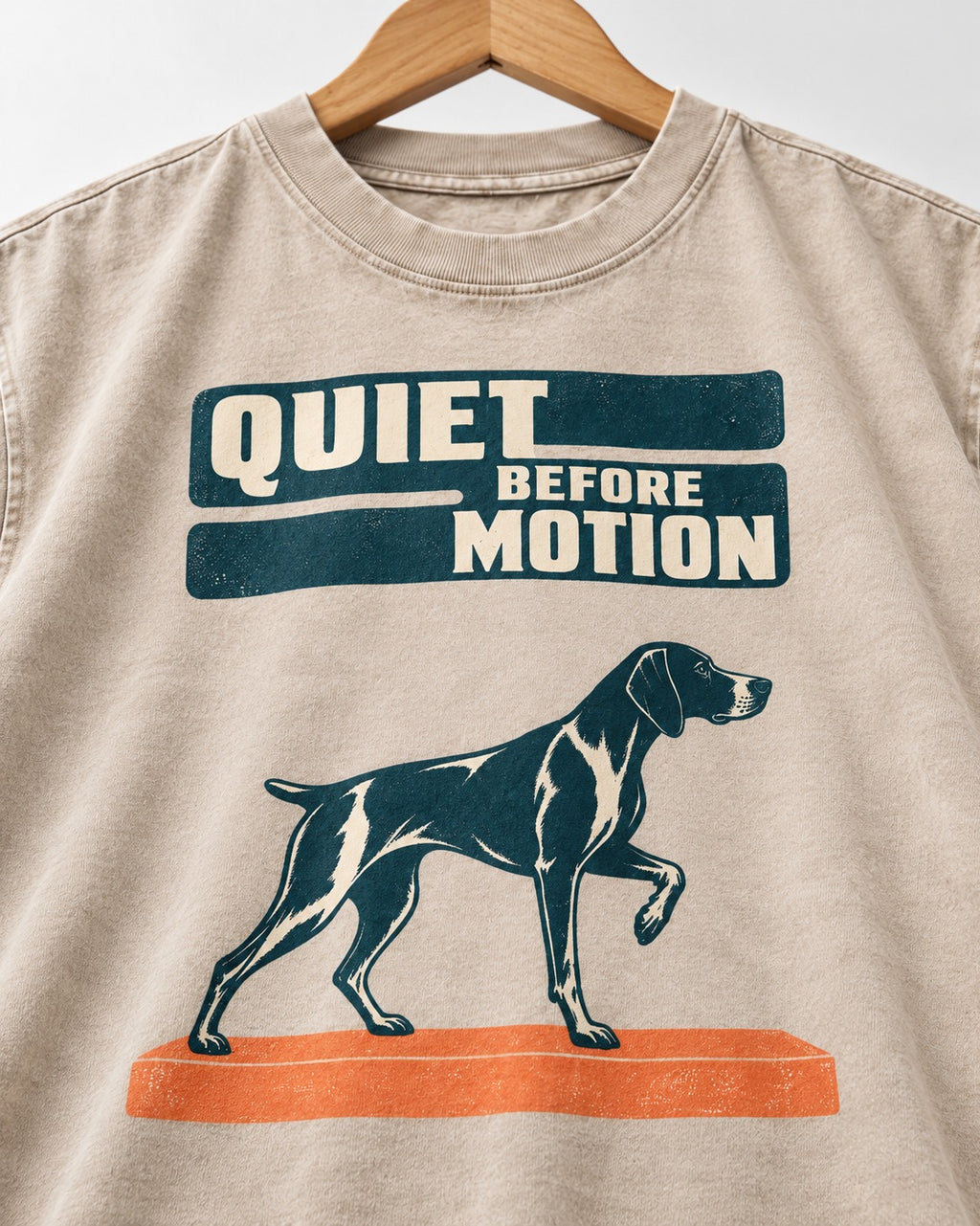 Quiet Before Motion German Shorthaired Pointer Washed Tee in Apricot, close-up of the graphic