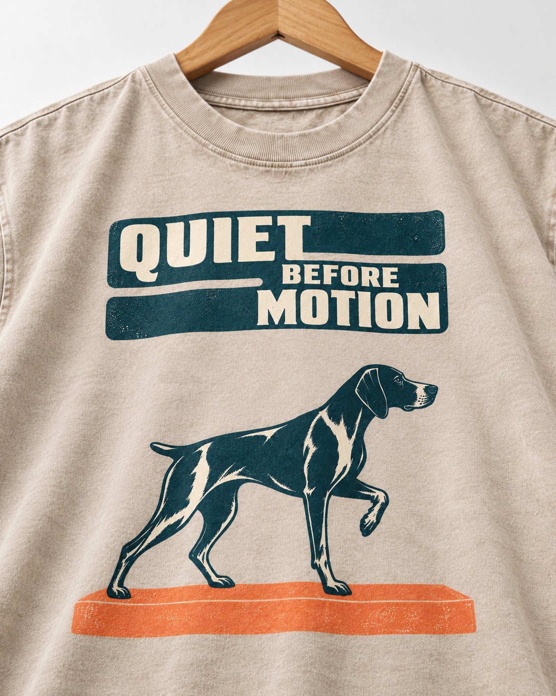 Quiet Before Motion German Shorthaired Pointer Washed Tee in Apricot, close-up of the graphic