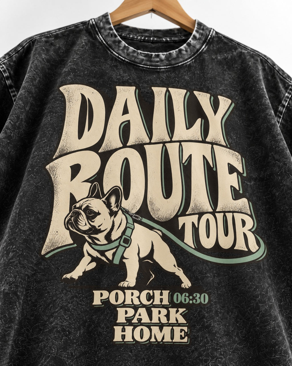 Frenchie Daily Route Tour Graphic Washed Tee in Black, close-up of the graphic