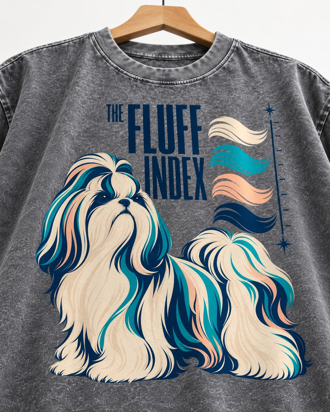 Shih Tzu The Fluff Index Coat Color Chart Graphic Washed Tee in Gray, close-up of the graphic