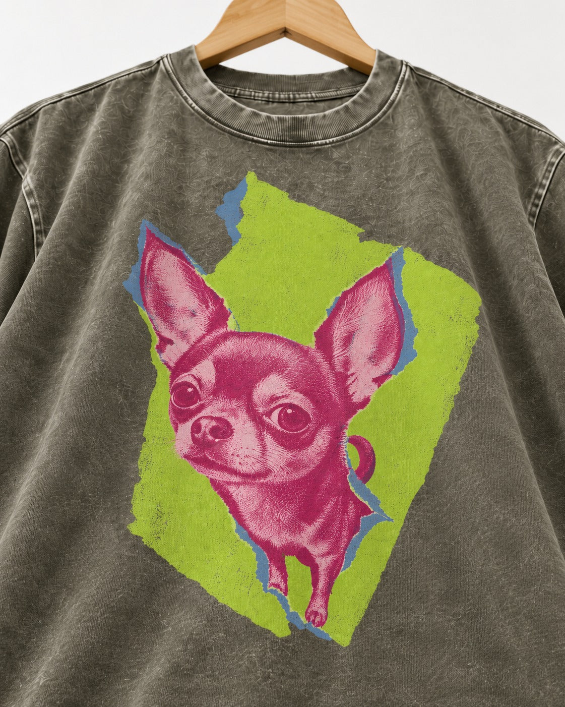 Torn-Paper Chihuahua Portrait Washed Tee in Army Green, close-up of the graphic