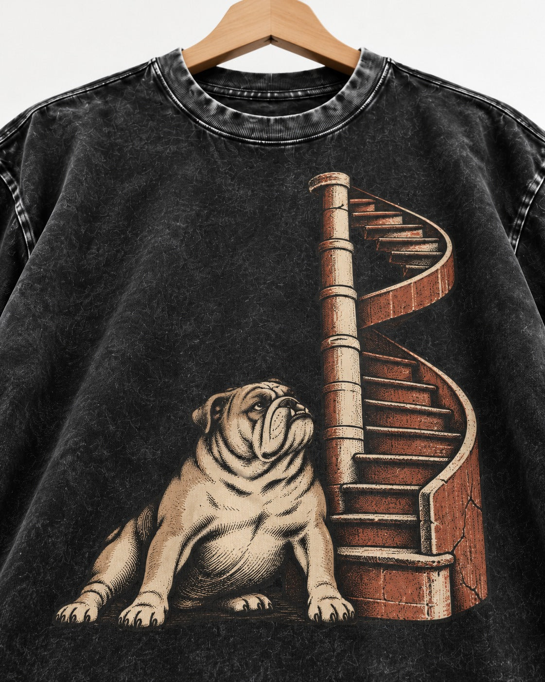 English Bulldog Spiral Staircase Graphic Washed Tee in Black, close-up of the graphic