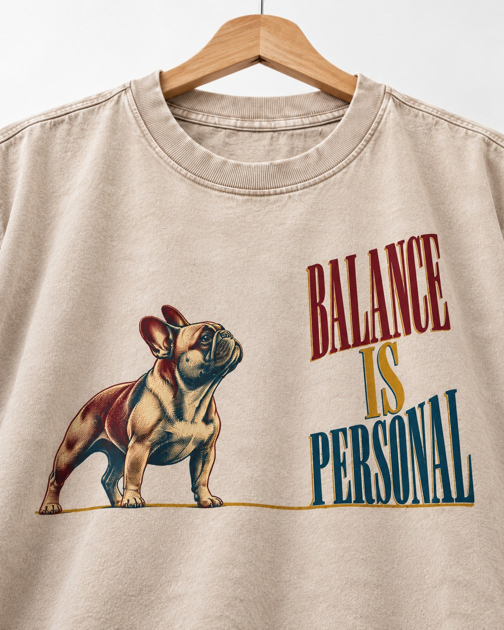 Frenchie Balance Is Personal Washed Tee in Apricot, close-up of the graphic