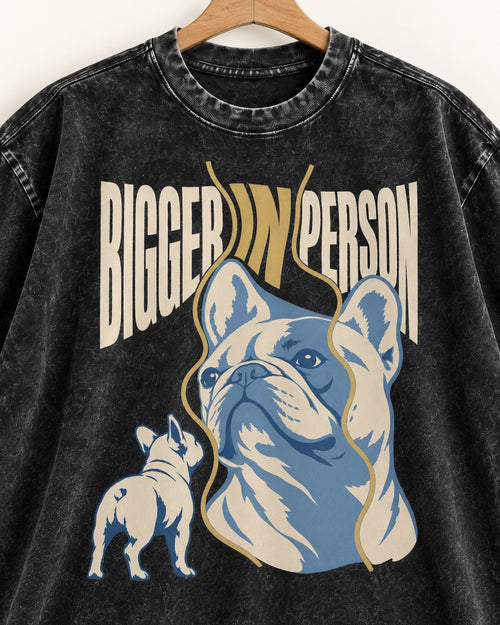Frenchie Bigger in Person Mirror Graphic Washed Tee in Black, close-up of the graphic