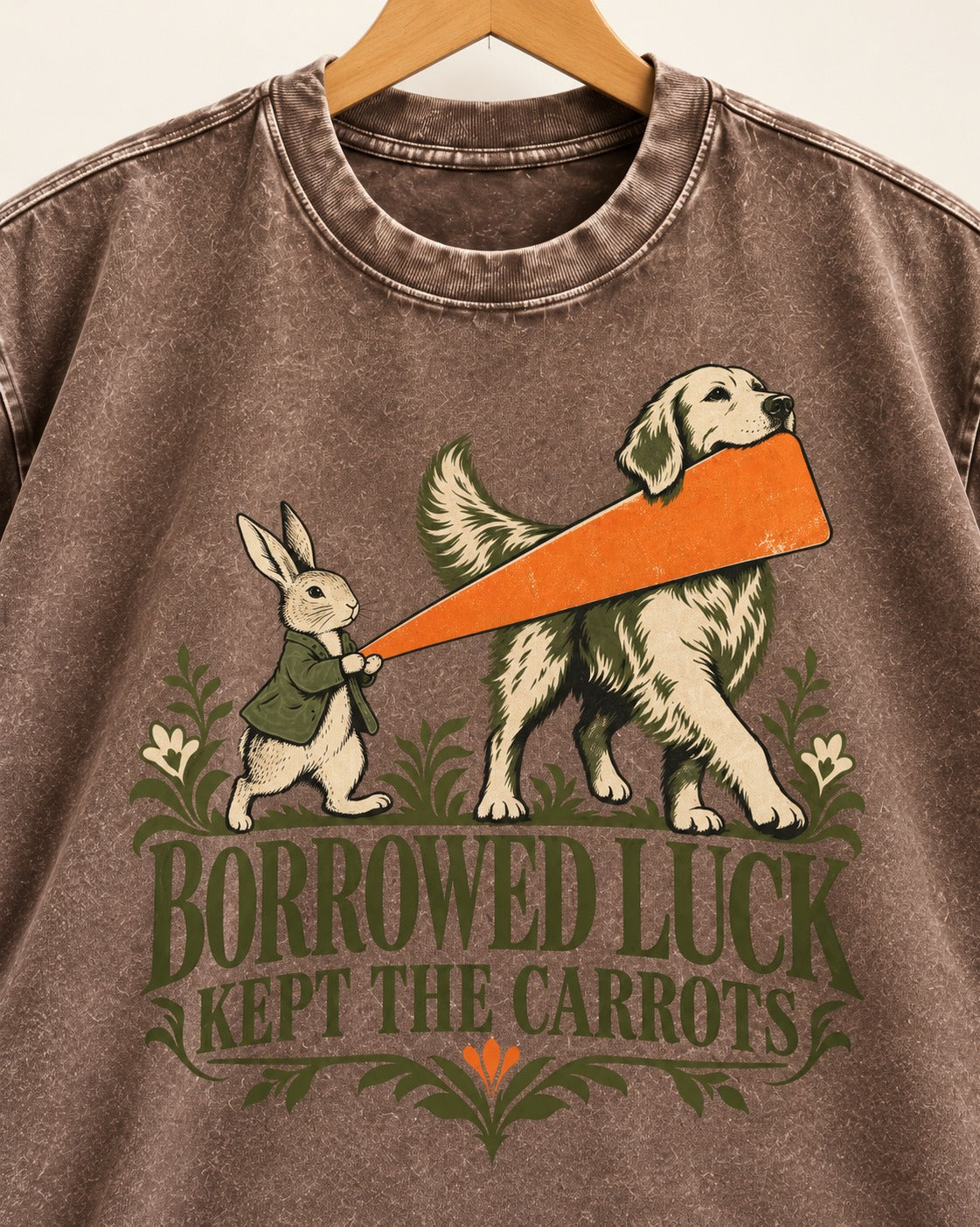 Borrowed Luck Golden Retriever Washed Tee in Coffee, close-up of the graphic