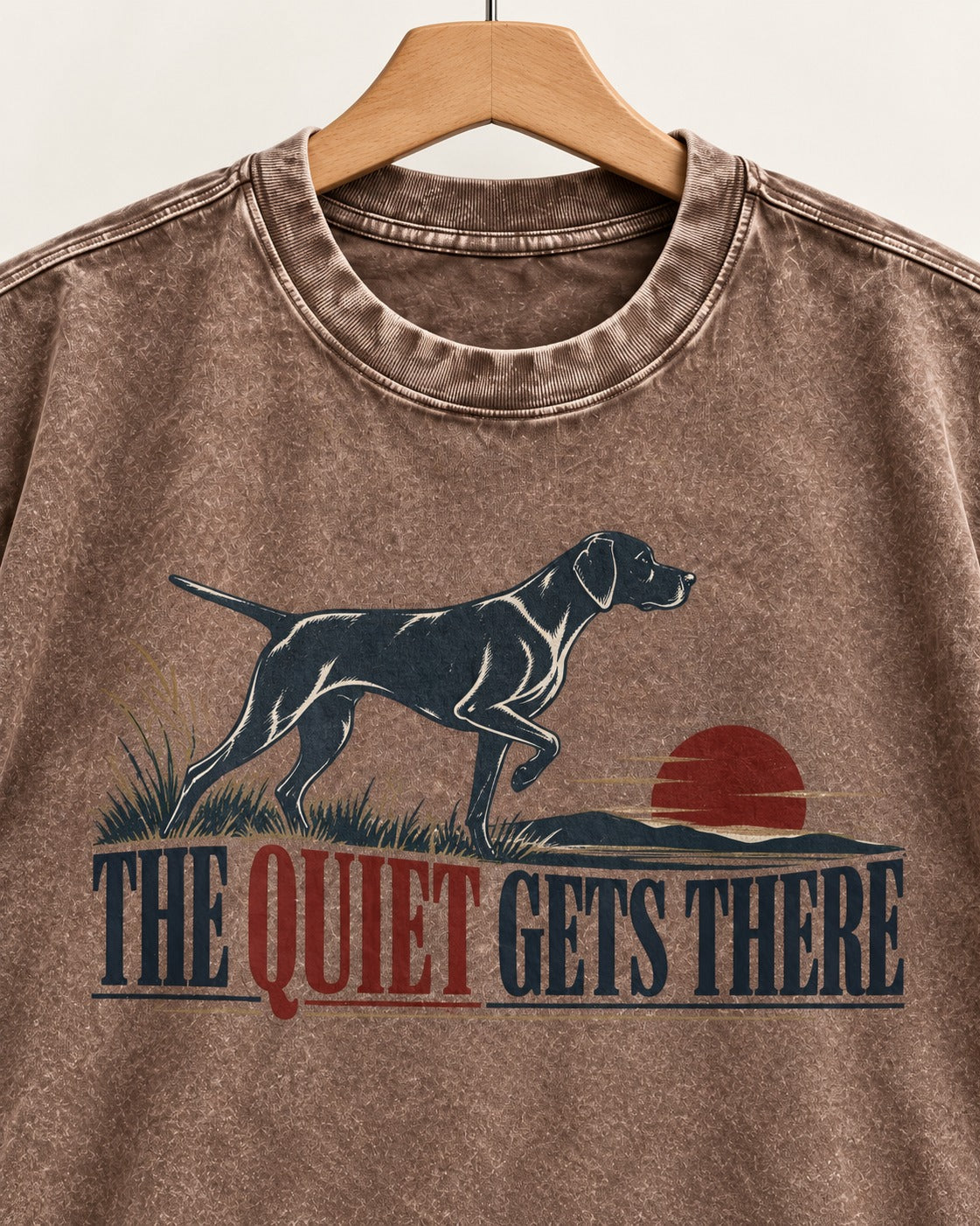 The Quiet Gets There German Shorthaired Pointer Washed Tee in Coffee, close-up of the graphic