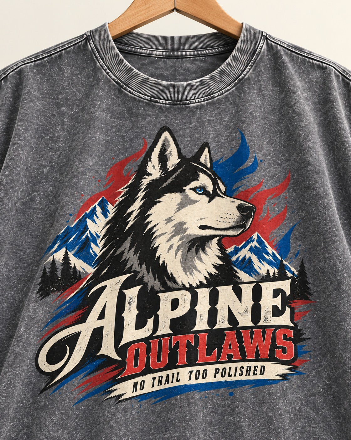 Husky Alpine Outlaws No Trail Too Polished Graphic Washed Tee in Gray, close-up of the graphic