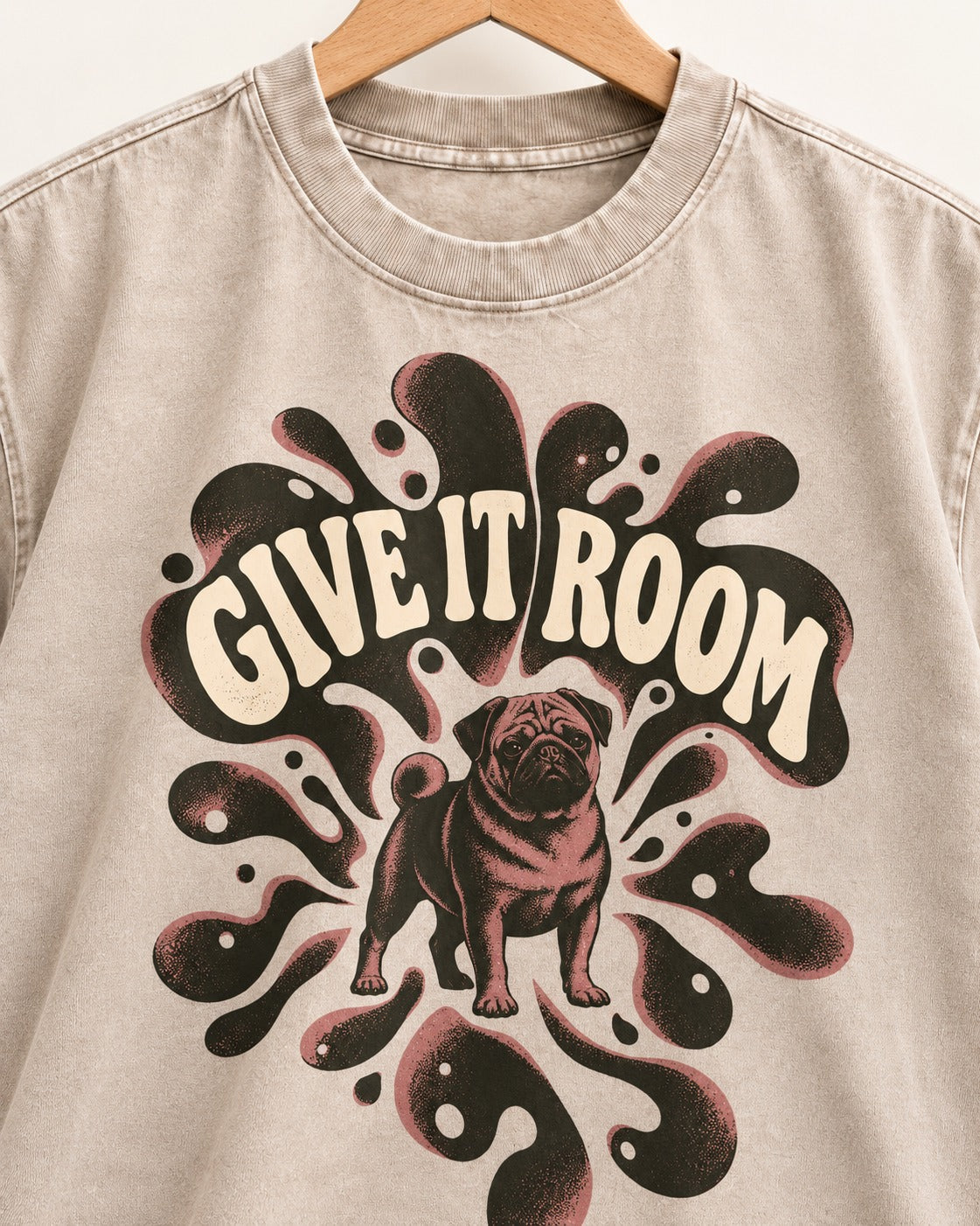 Give Pug Room Washed Tee in Apricot, close-up of the graphic
