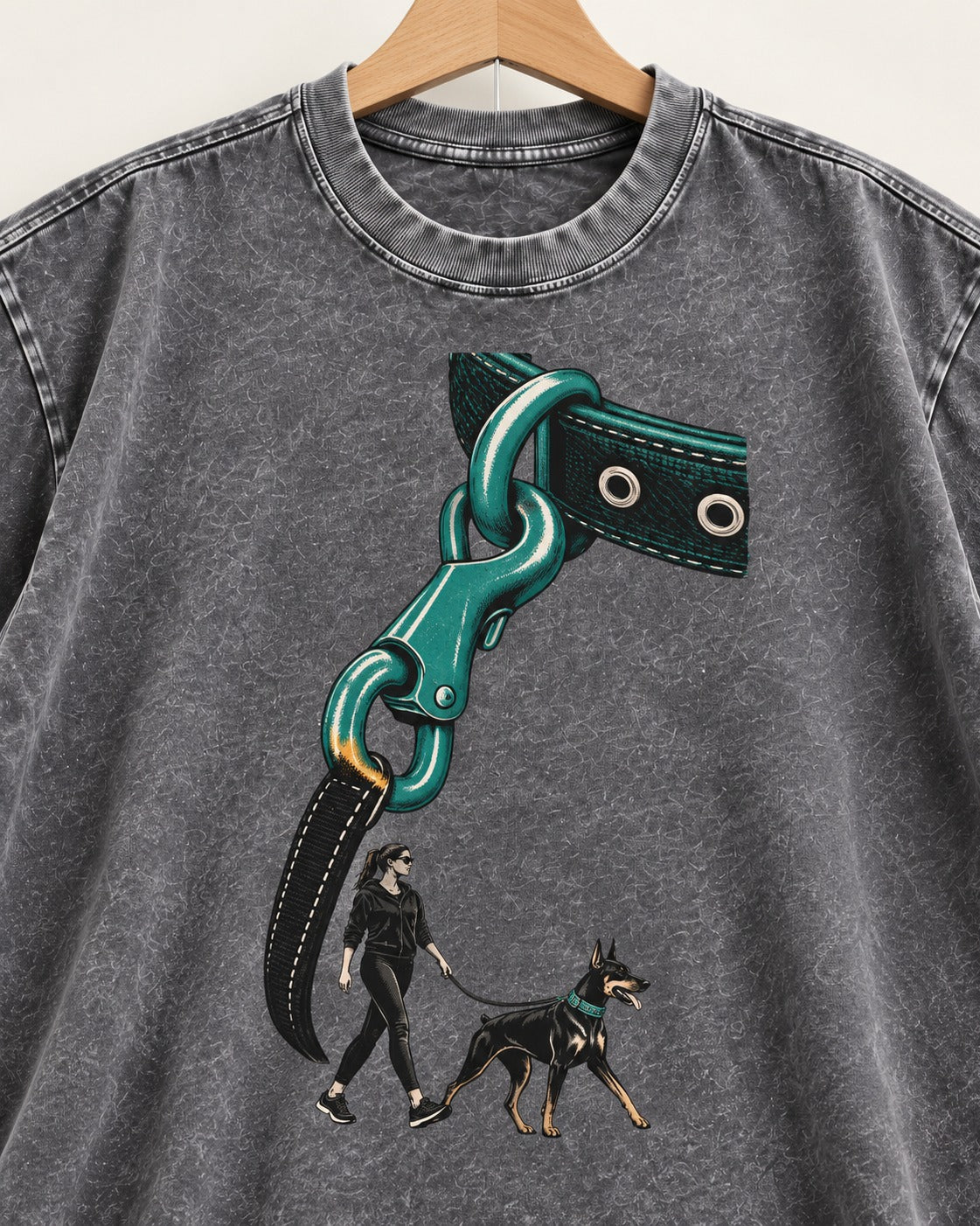 Doberman Oversized Leash Hardware Walk Graphic Washed Tee in Gray, close-up of the graphic