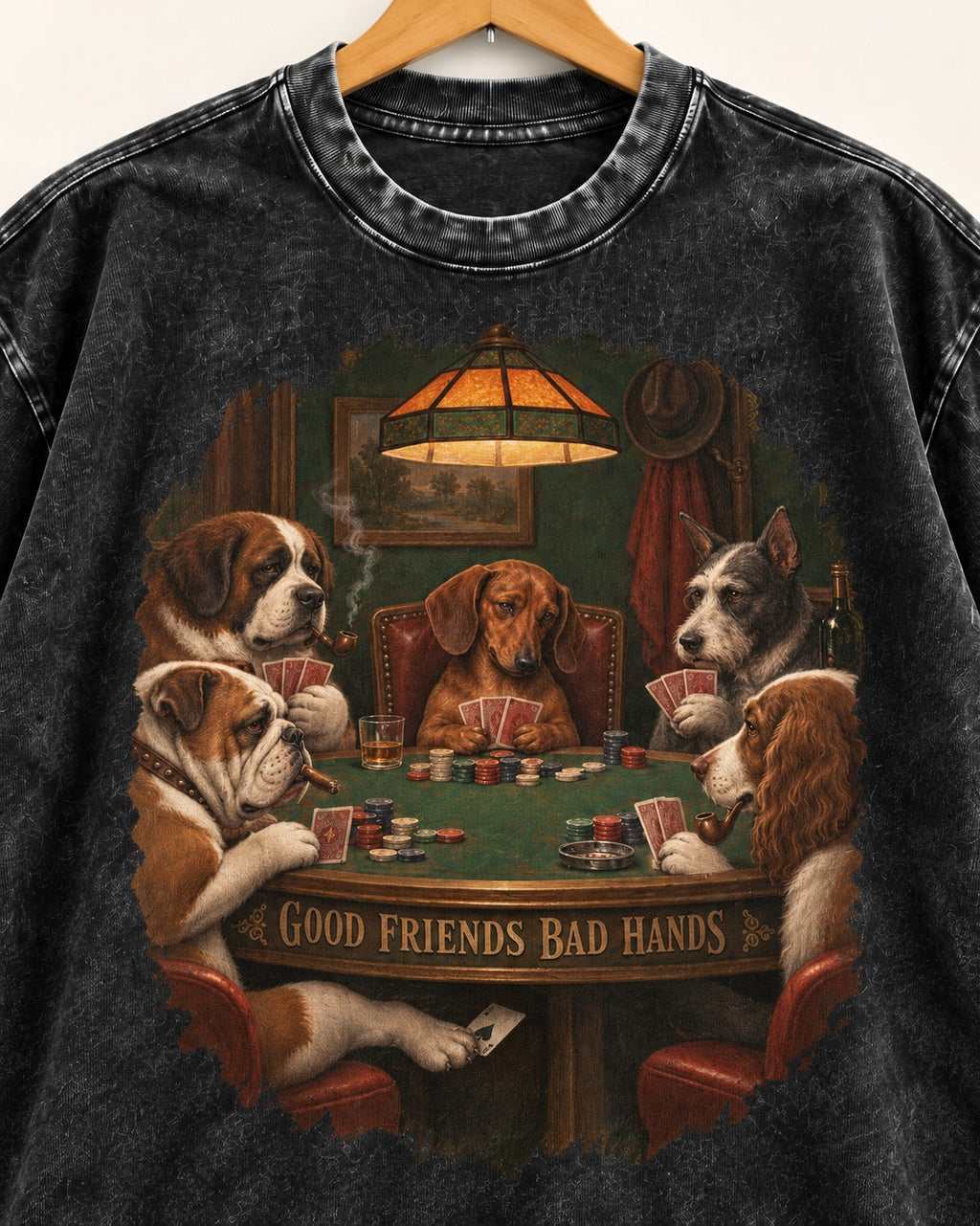 Dachshund Good Friends Bad Hands Poker Scene Washed Tee in Black, close-up of the graphic