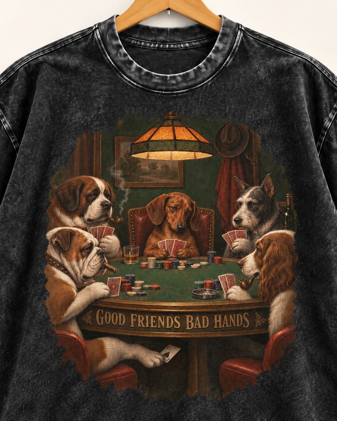 Dachshund Good Friends Bad Hands Poker Scene Washed Tee in Black, close-up of the graphic