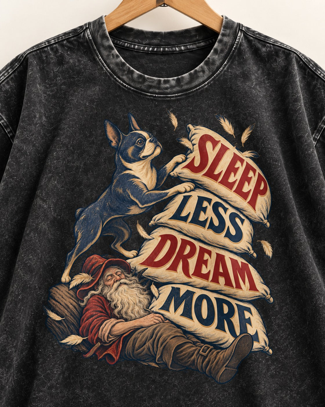 Boston Terrier Sleep Less Dream More Washed Tee in Black, close-up of the graphic