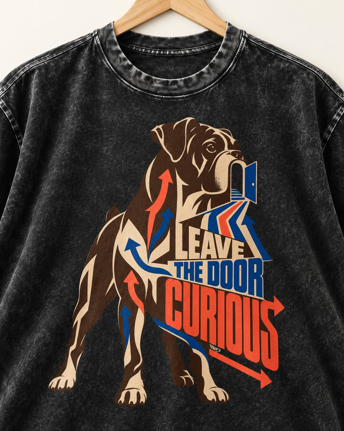 Leave the Door Curious Boxer Doorway Arrow Graphic Washed Tee in Black, close-up of the graphic