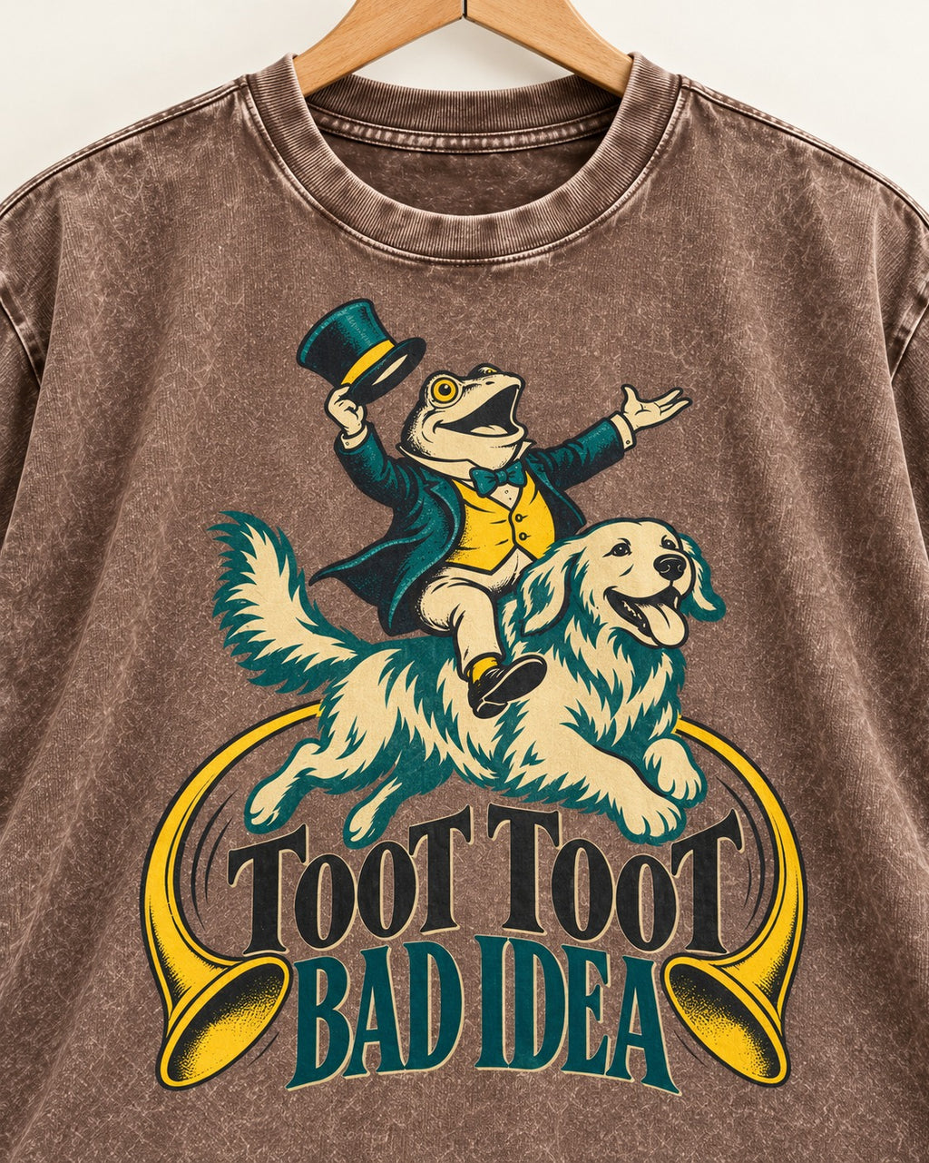 Golden Retriever Toot Toot Bad Idea Washed Tee in Coffee, close-up of the graphic