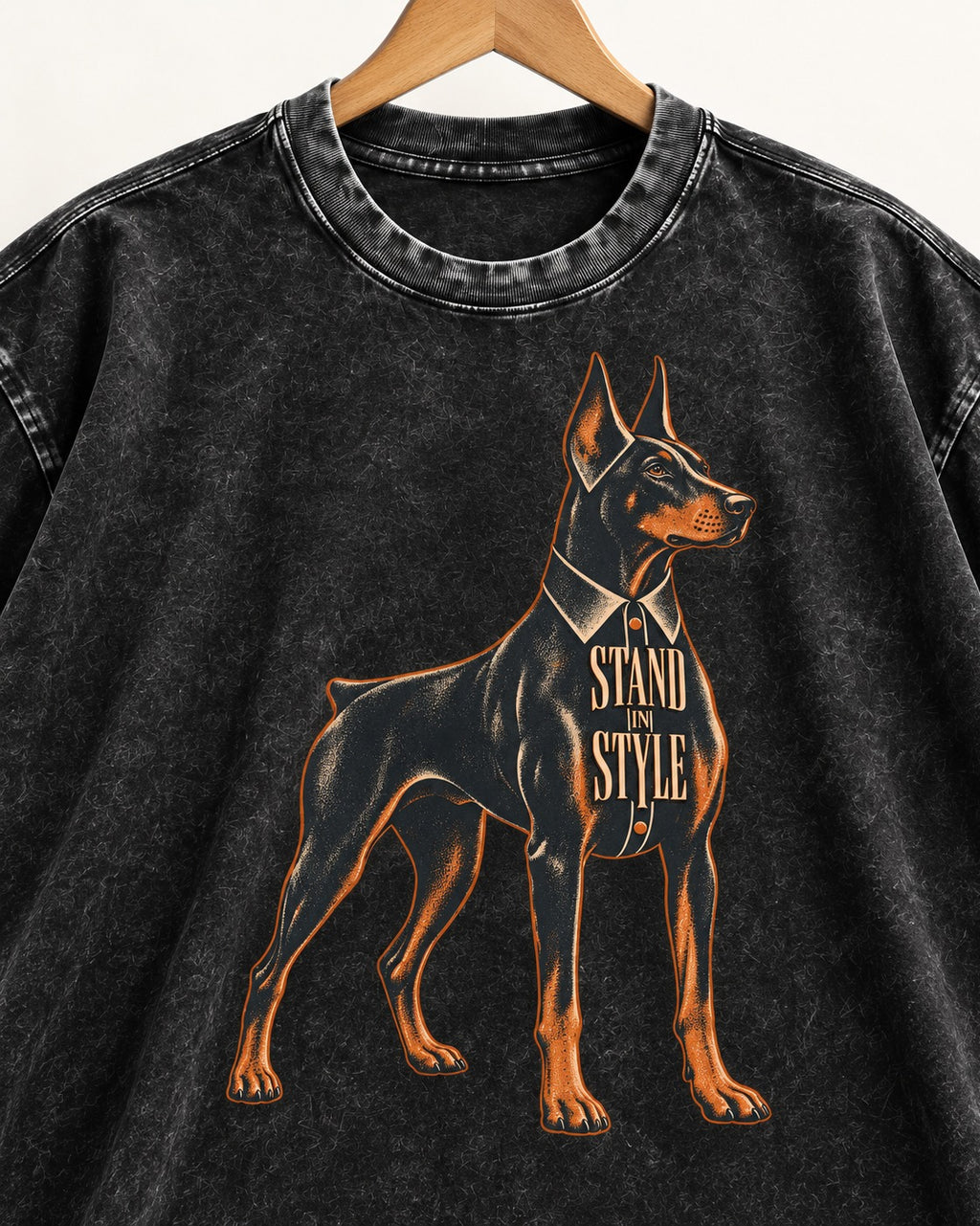 Doberman Stand in Style Suit Graphic Washed Tee in Black, close-up of the graphic