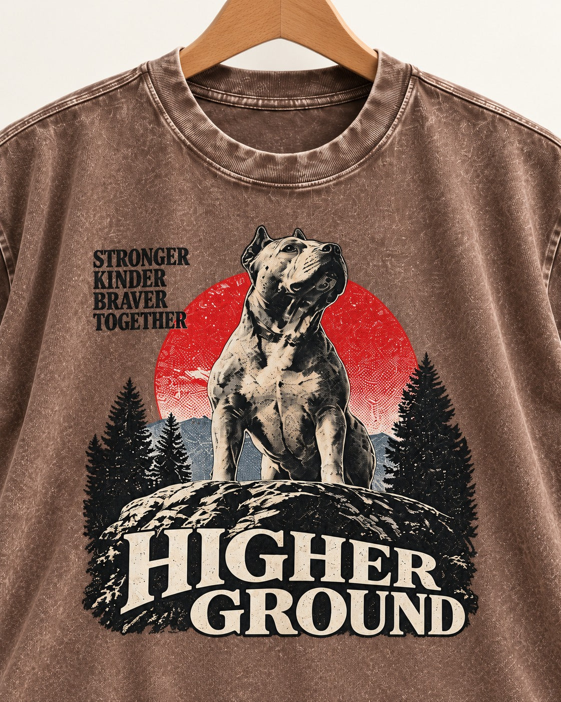 Pitbull Higher Ground Washed Tee in Coffee, close-up of the graphic