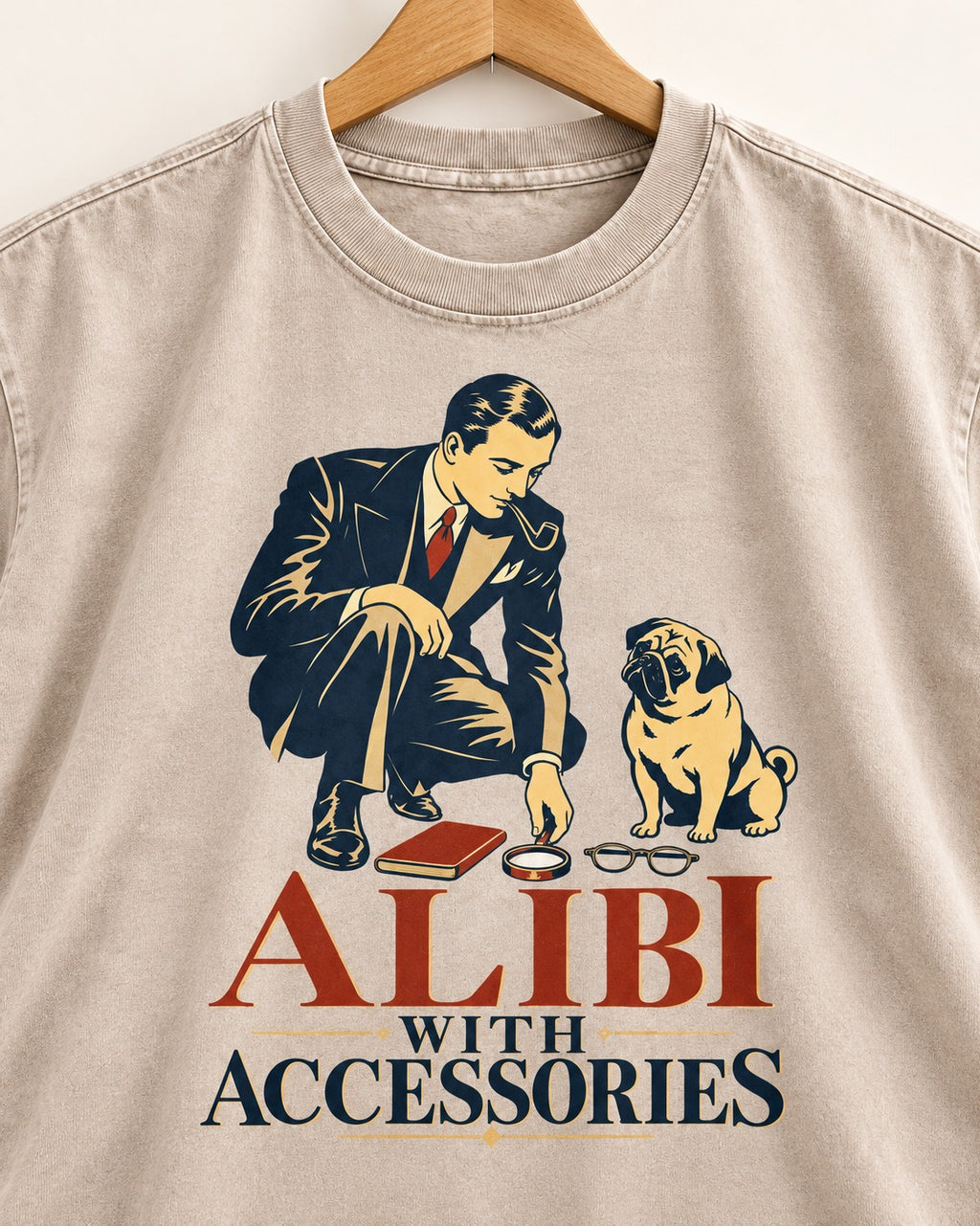 Pug Alibi with Accessories Washed Tee in Apricot, close-up of the graphic