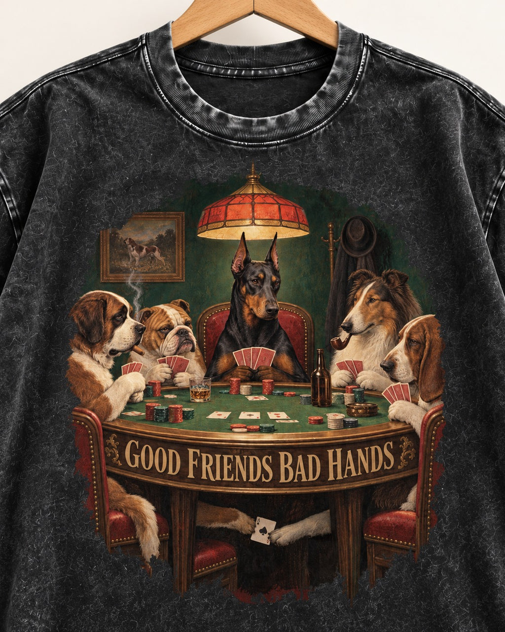 Doberman Good Friends Bad Hands Poker Night Graphic Washed Tee in Black, close-up of the graphic