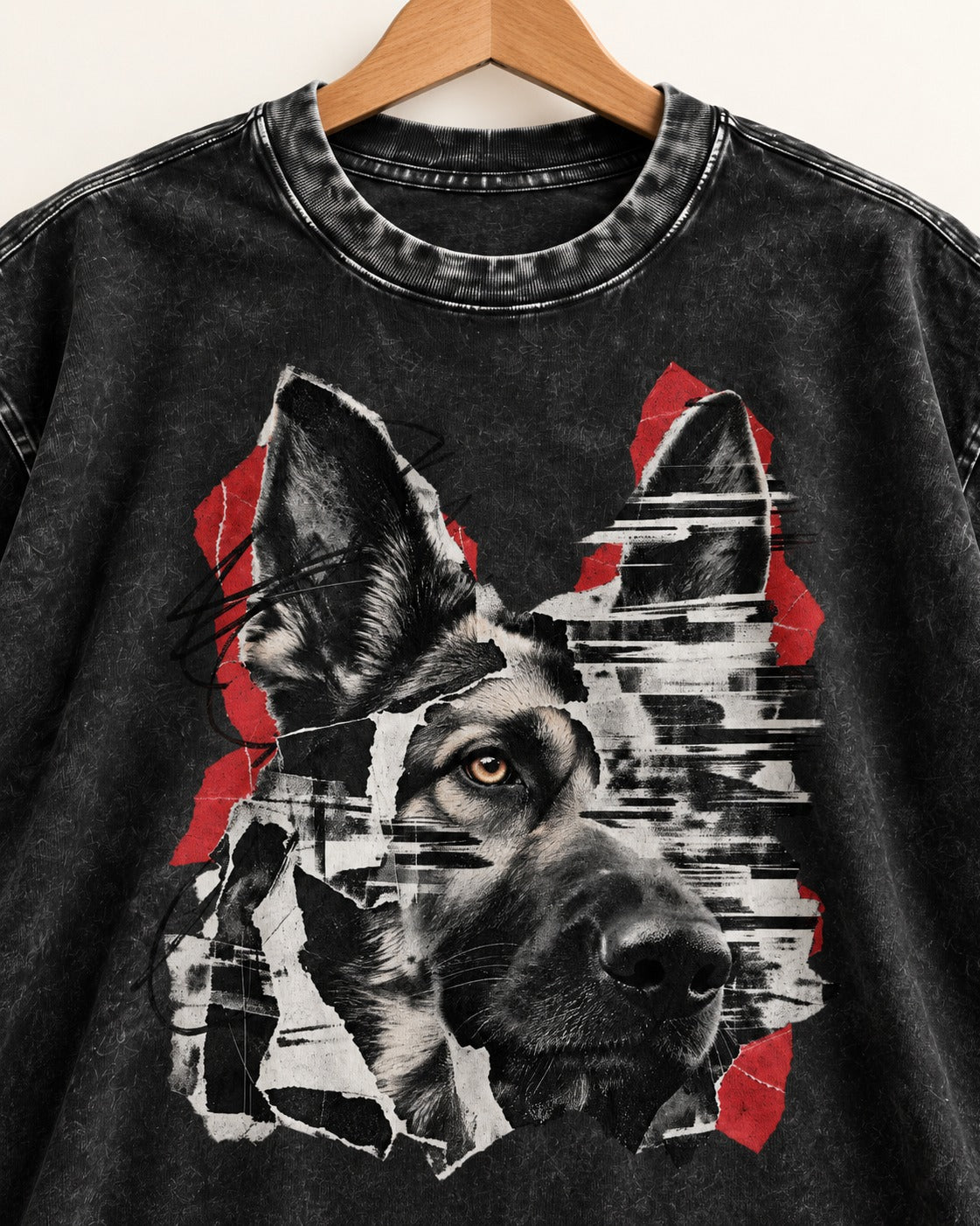 Black Signal Torn Collage German Shepherd Dog Portrait Graphic Washed Tee in Black, close-up of the graphic
