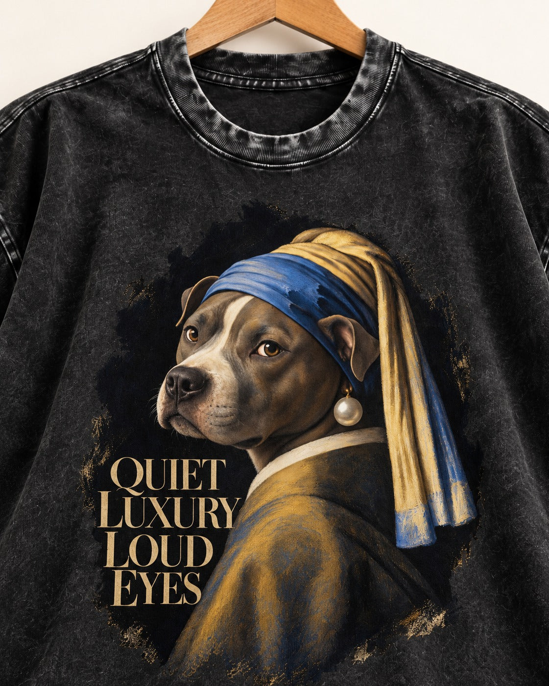 Pitbull Quiet Luxury Loud Eyes Pearl Earring Portrait Graphic Washed Tee in Black, close-up of the graphic