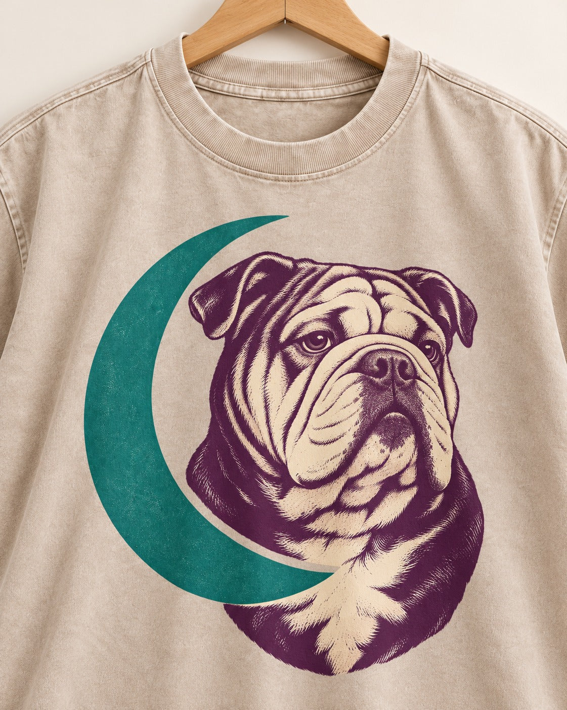 Moonstruck English Bulldog Washed Tee in Apricot, close-up of the graphic