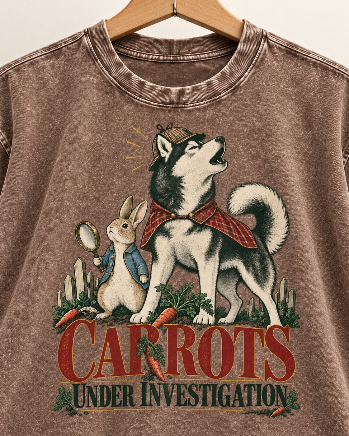 Carrots Under Husky Investigation Washed Tee in Coffee, close-up of the graphic