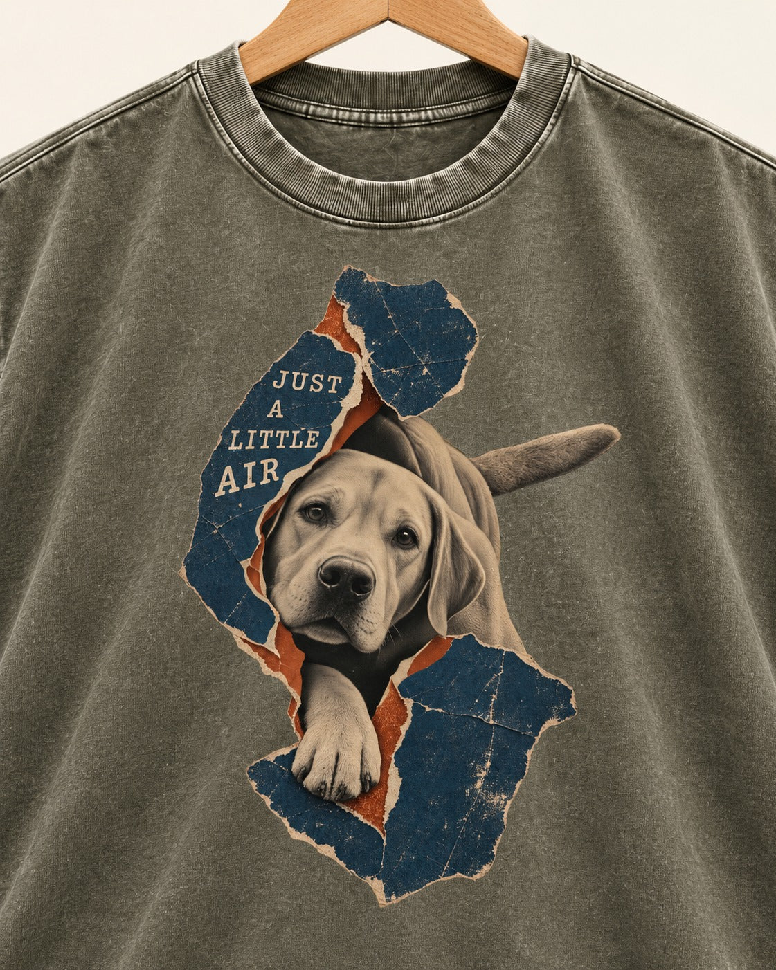 Labrador Retriever Just a Little Air Torn Paper Graphic Washed Tee in Army Green, close-up of the graphic