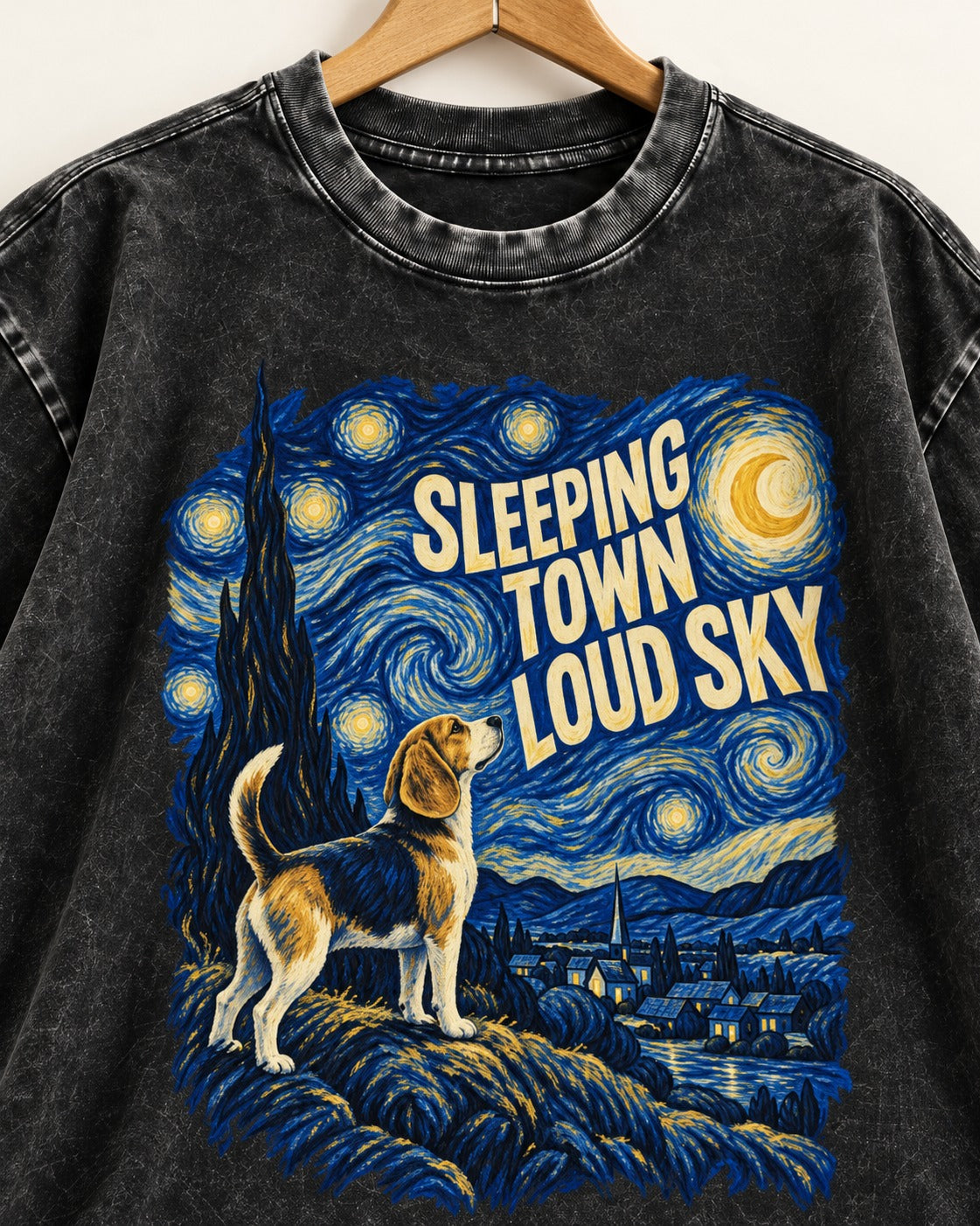 Sleeping Town Loud Sky Beagle Nightscape Washed Tee in Black, close-up of the graphic