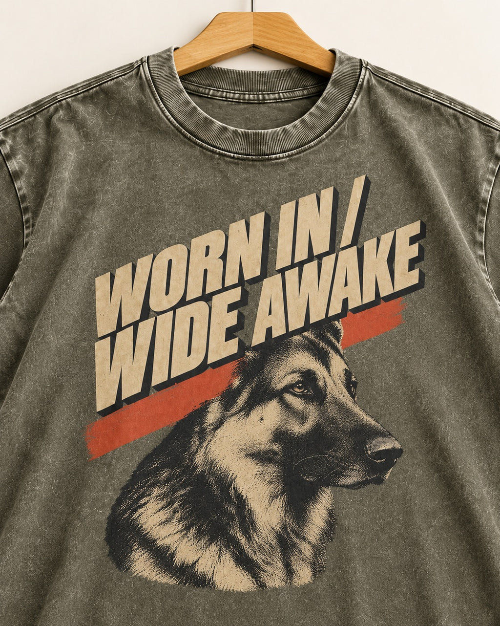 Worn In Wide Awake Portrait German Shepherd Dog Graphic Washed Tee in Army Green, close-up of the graphic