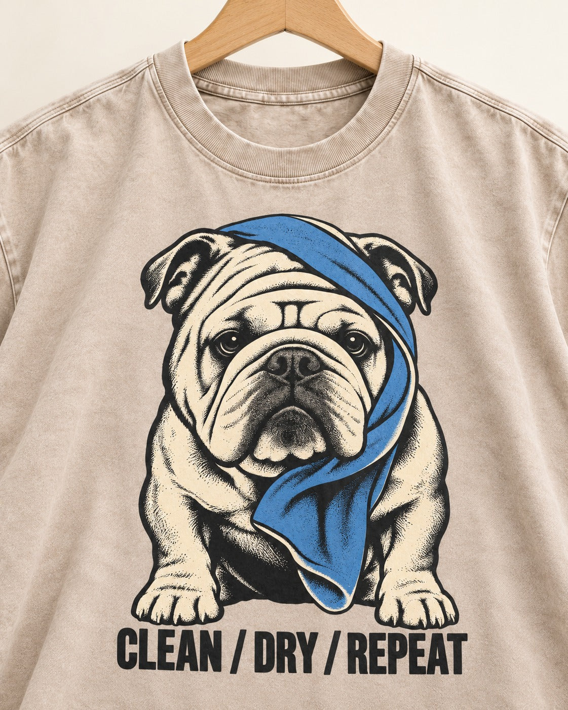 Clean Dry Repeat English Bulldog Washed Tee in Apricot, close-up of the graphic